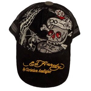 Ed Hardy Christian Audigier Black Corduroy Trucker Hat Skull Dragon Rhinestone